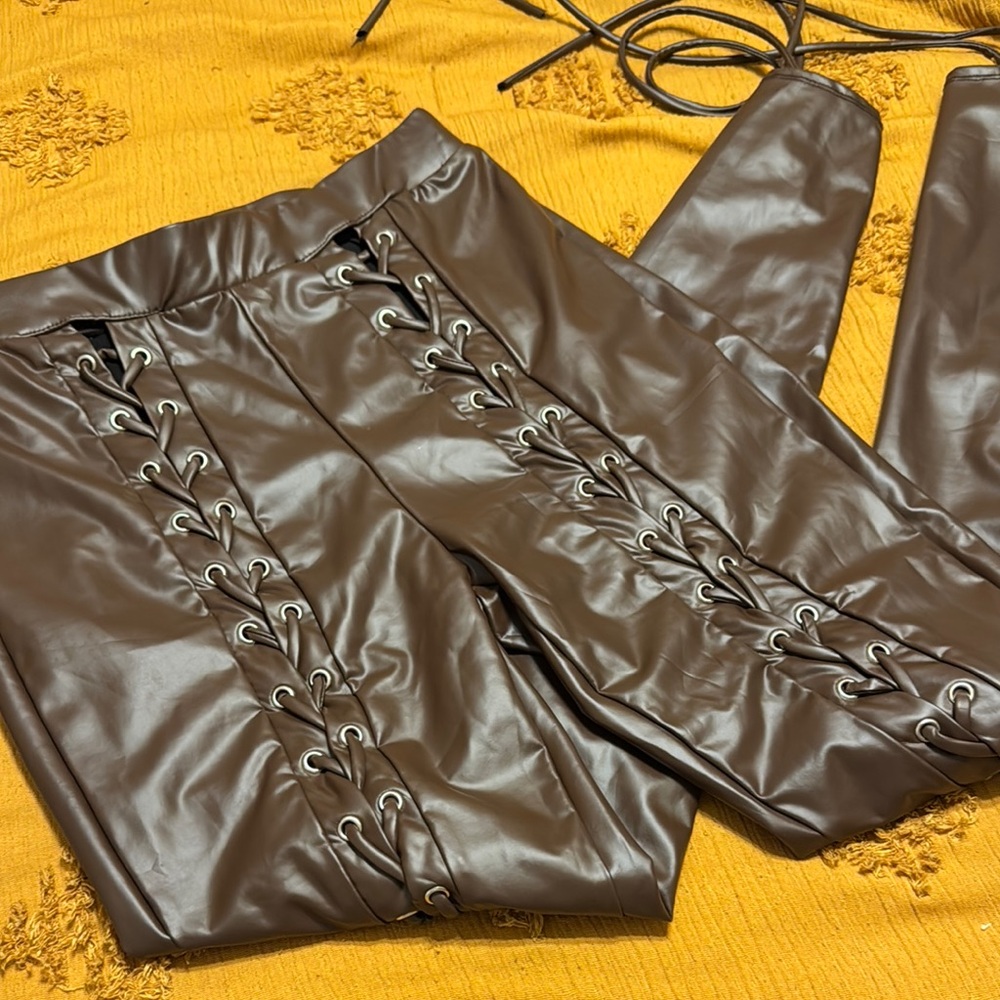 Brown Lace-Up Leather Pants